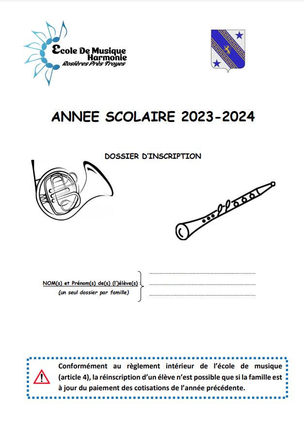 Dossier d'inscription à l'Ecole de Musique pour l'année scolaire 2023-2024
